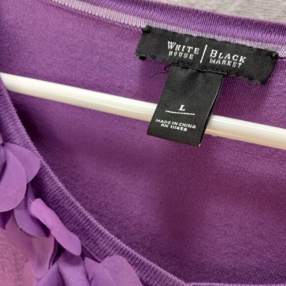 White House Black Market Purple Flower Applique Design 60s look Sweater T-384 LG - Picture 10 of 12